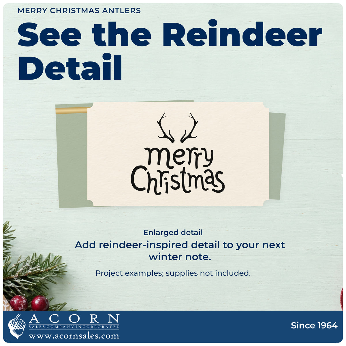 Enlarged detail of the Merry Christmas Antlers Lettering Rubber Stamp – Duo Hand imprint. A pair of antlers sits above simple “Merry Christmas” lettering.