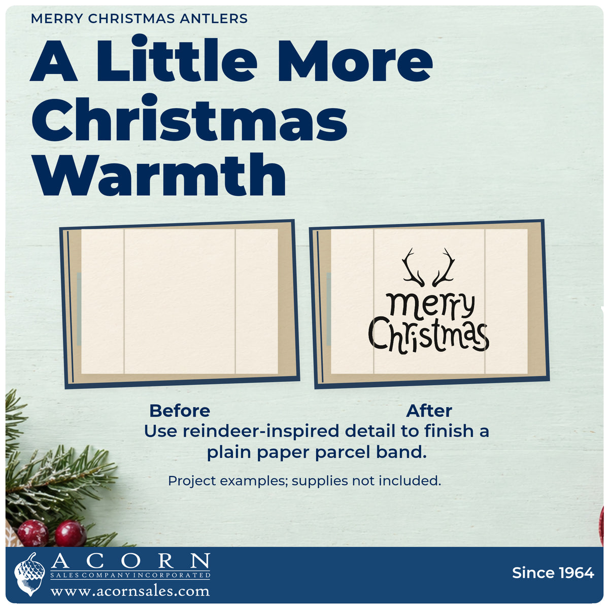 Before and after of a plain item finished with the Merry Christmas Antlers Lettering Rubber Stamp – Duo Hand, a quick upgrade for framed cabin decor.