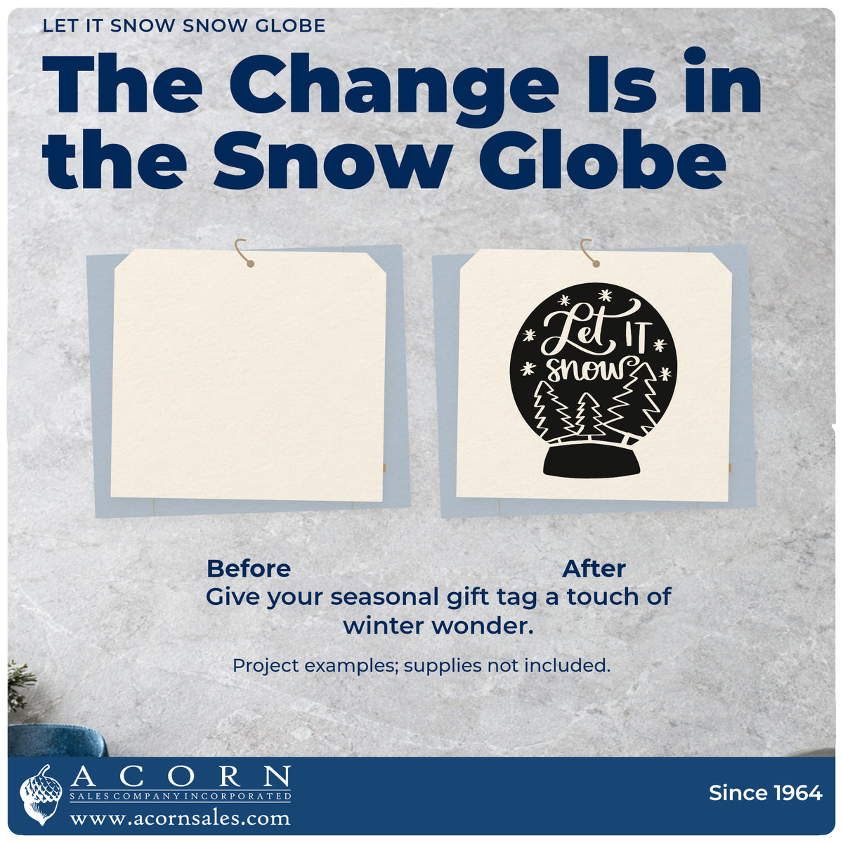 Before and after of a plain item finished with the Vintage Pro Snow Globe With Let It Snow Premium Wooden Stamp, a quick upgrade for framed mudroom sign.