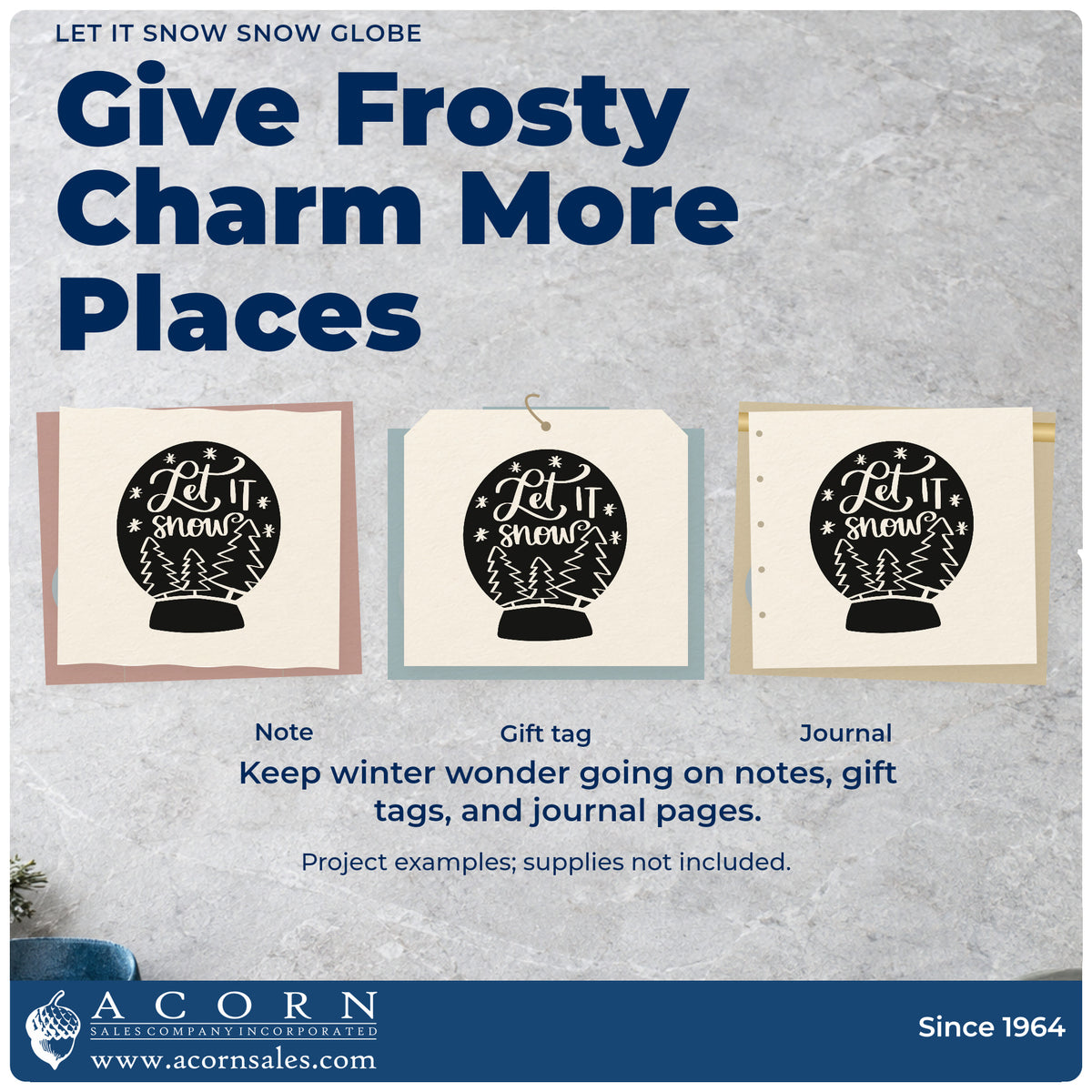 Three project examples made with the Duo Hand Snow Globe With Let It Snow Rubber Stamp, including weather log pages.