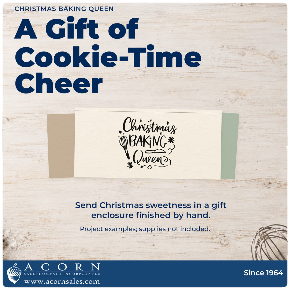 A finished handmade project stamped with the Christmas Baking Queen Whisk And Server Premium Wooden Stamp – Vintage Pro, ideal for recipe binder tabs.