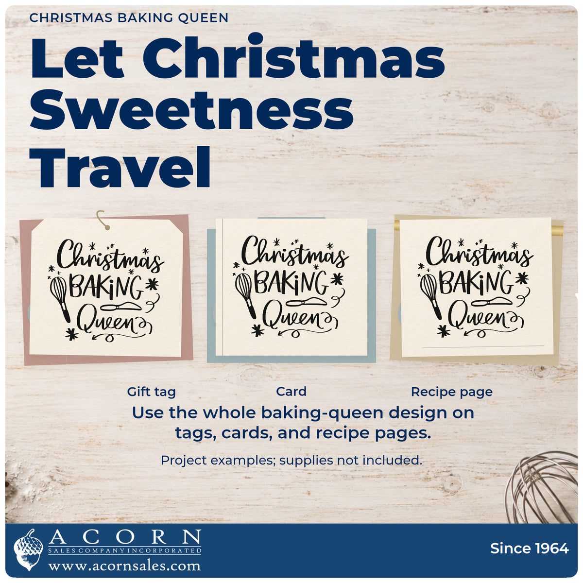 Three project examples made with the Christmas Baking Queen Whisk And Server Rubber Stamp – Wood Handle, including fair price cards.