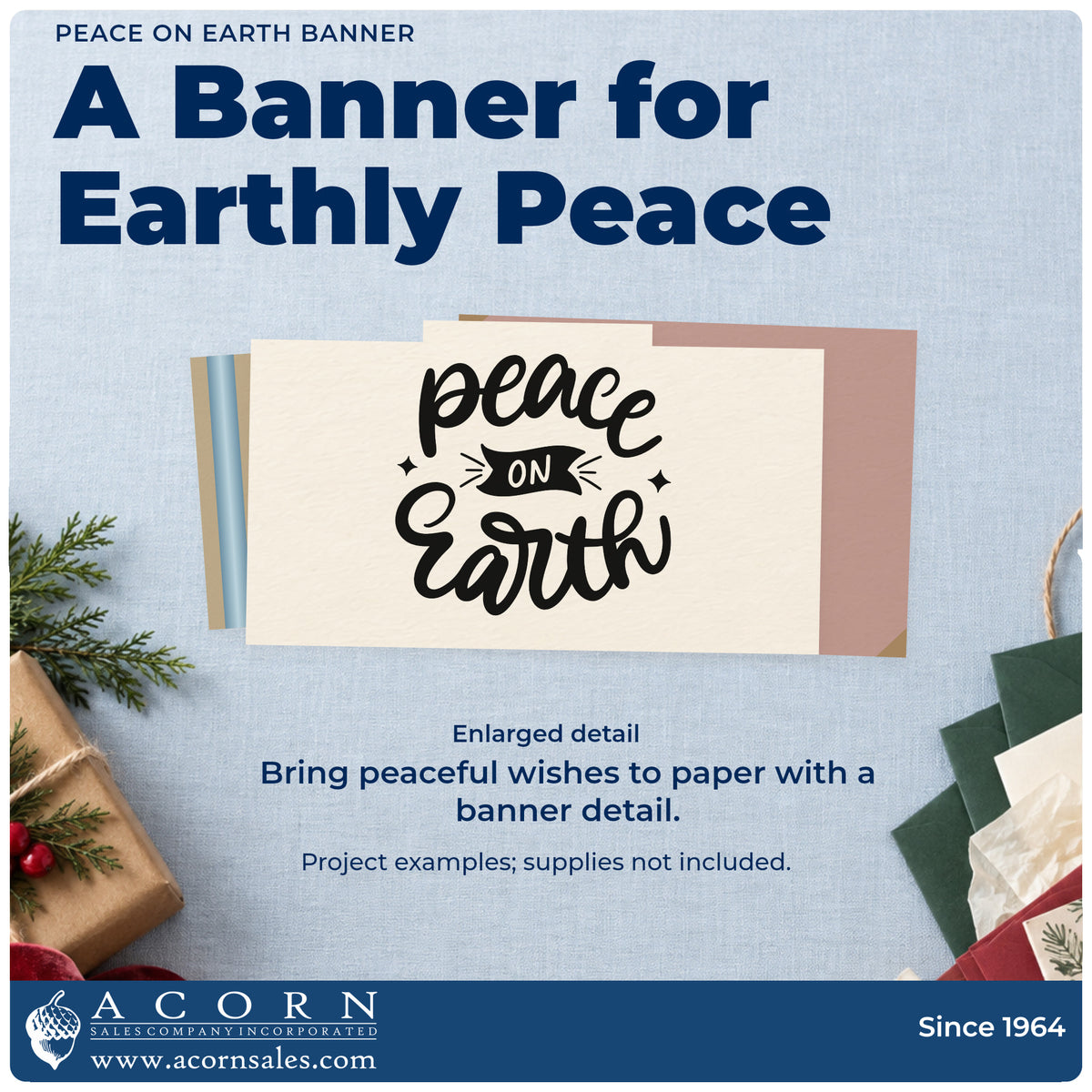 Enlarged detail of the Peace On Earth Banner Premium Wooden Stamp – Vintage Pro imprint. “Peace on Earth” appears in thick script with a small dark banner and star accents.