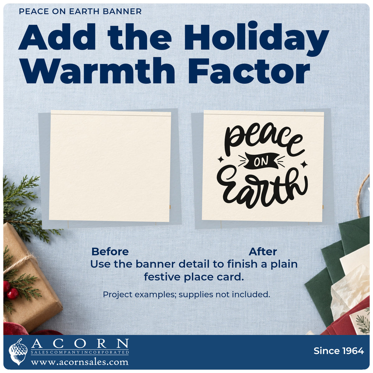 Before and after of a plain item finished with the Peace On Earth Banner Rubber Stamp – Duo Hand, a quick upgrade for framed sanctuary art.