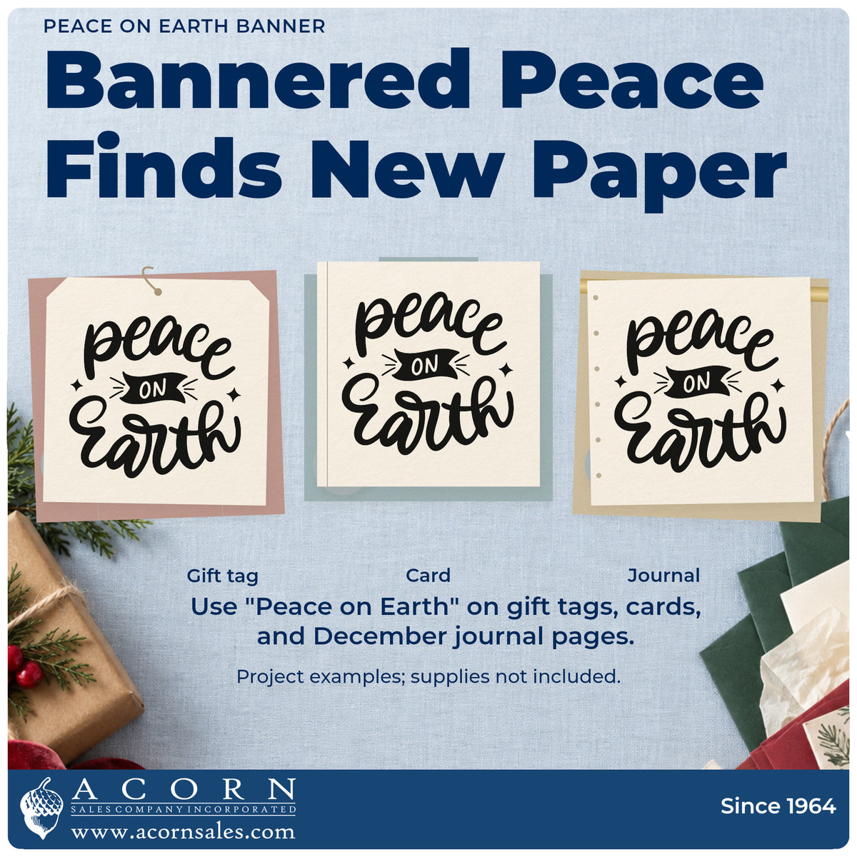 Three project examples made with the Peace On Earth Banner Slim Pre-Inked Stamp, including gratitude list pages.