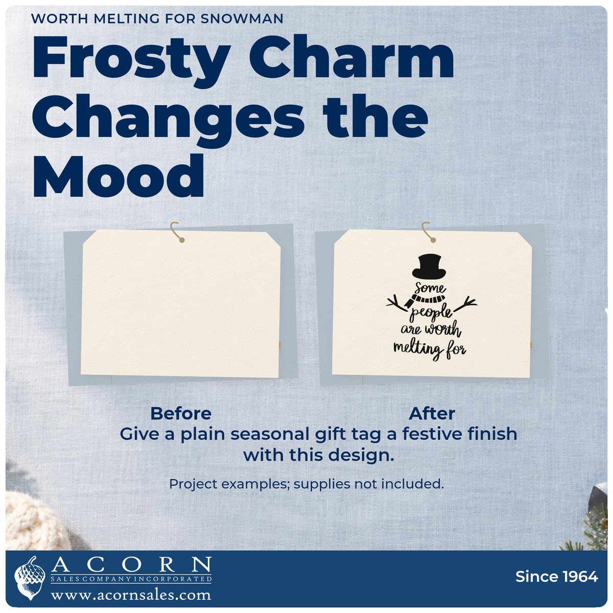 Before and after of a plain item finished with the Worth Melting For Snowman Hat Hand Stamp – Duo, a quick upgrade for framed bedside art.