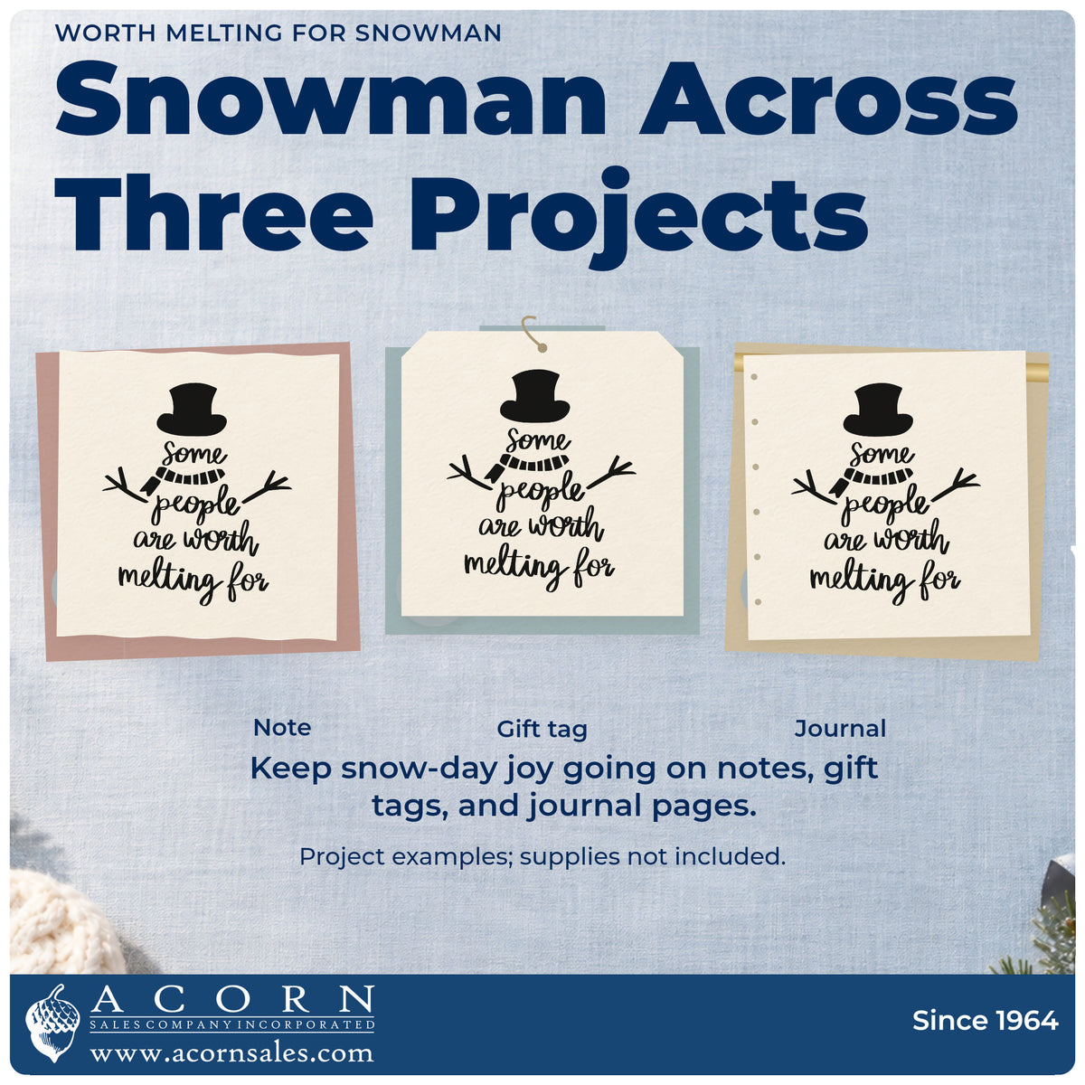 Three project examples made with the Worth Melting For Snowman Hat Hand Stamp – Duo, including sentiment journal page.