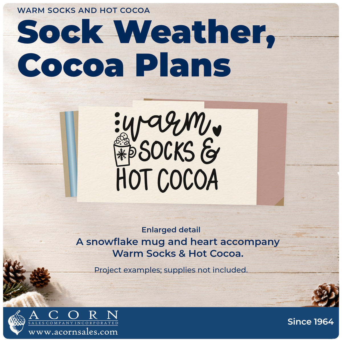 Enlarged detail of the Warm Socks And Hot Cocoa Premium Wood-Mounted Stamp – Vintage Pro imprint. “Warm Socks & Hot Cocoa” appears with a snowflake mug, dots, and a heart.