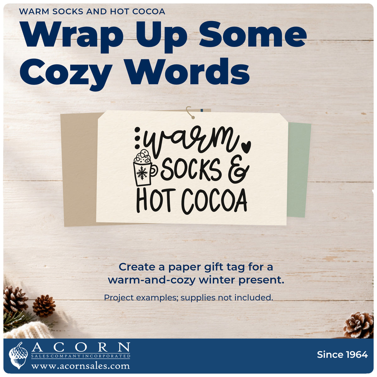 A finished handmade project stamped with the Warm Socks And Hot Cocoa Premium Wood-Mounted Stamp – Vintage Pro, ideal for winter nights album.
