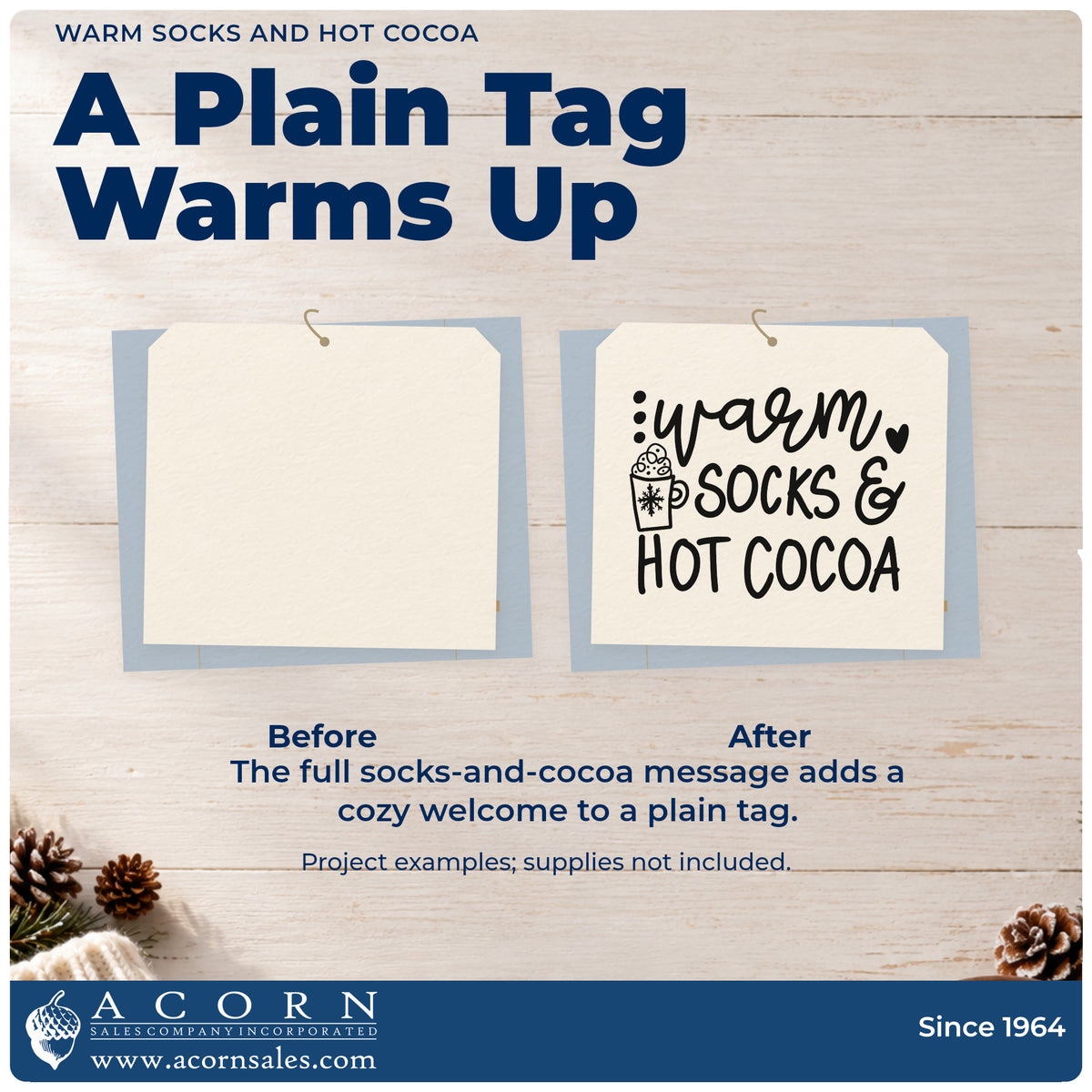 Before and after of a plain item finished with the Warm Socks And Hot Cocoa Premium Wood-Mounted Stamp – Vintage Pro, a quick upgrade for framed den corner.