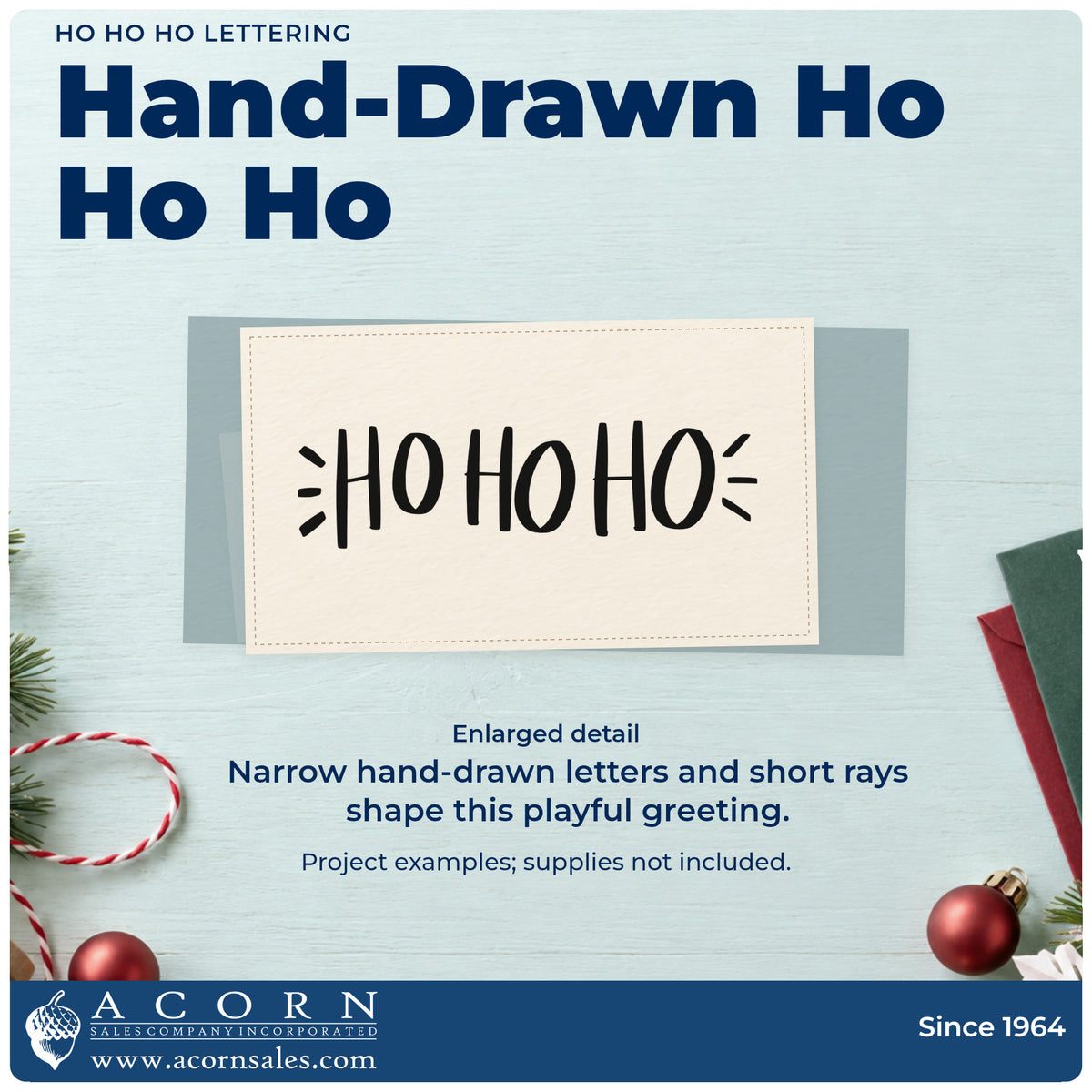Enlarged detail of the Slim Pre-Inked Ho Ho Ho Lettering Stamp imprint. “Ho Ho Ho” appears in narrow hand-drawn capitals with short rays at each end.