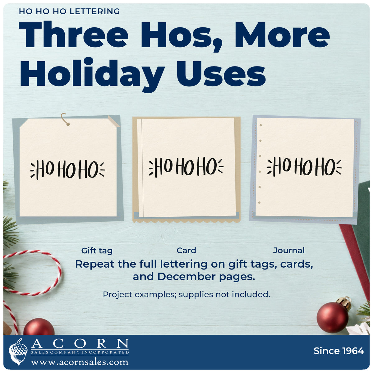 Three project examples made with the Ho Ho Ho Lettering Premium Wooden Stamp – Vintage Pro, including advent countdown grid.