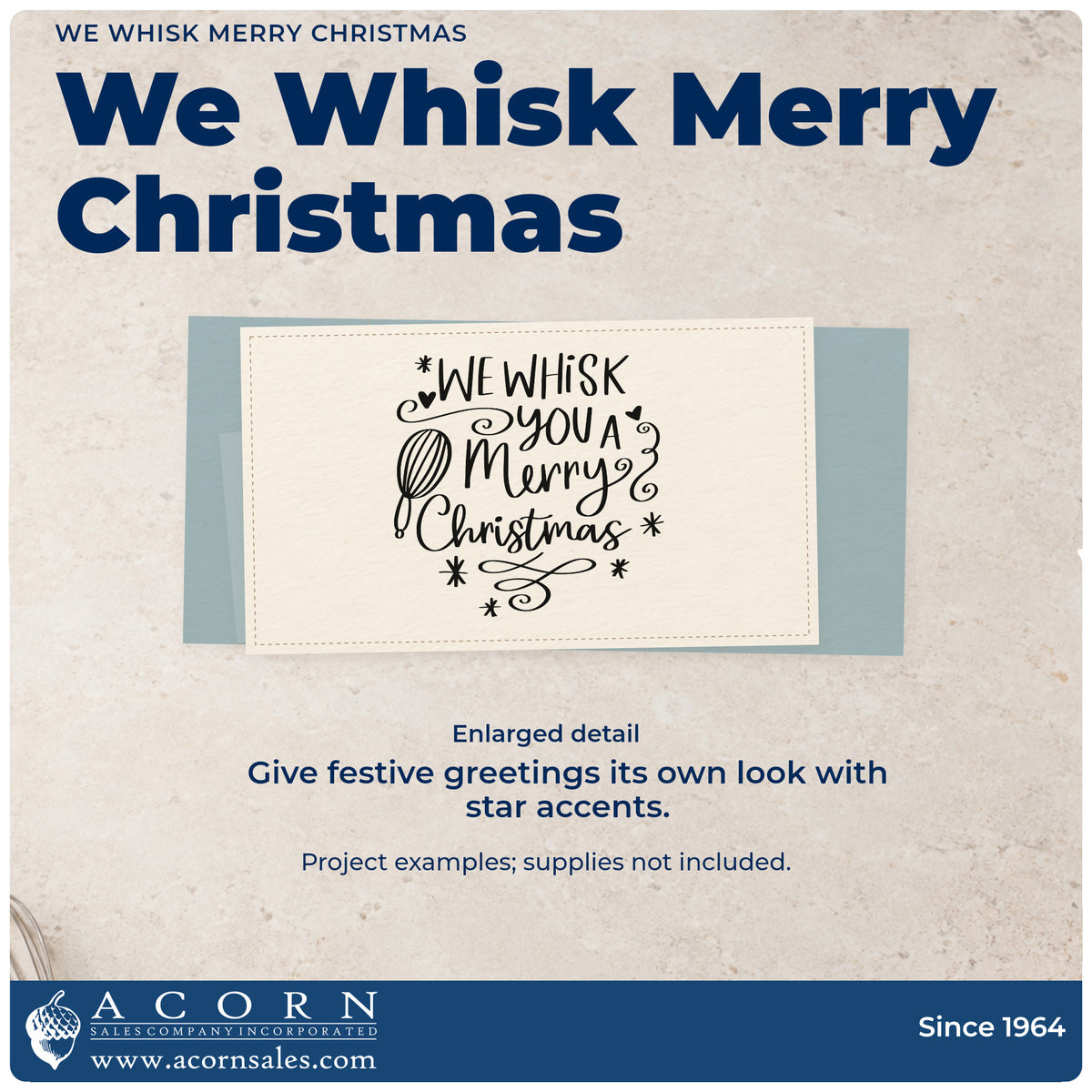 Enlarged detail of the We Whisk You A Merry Christmas Slim Pre-Inked Stamp imprint. “We Whisk You a Merry Christmas” features a whisk, hearts, stars, and looping flourishes.