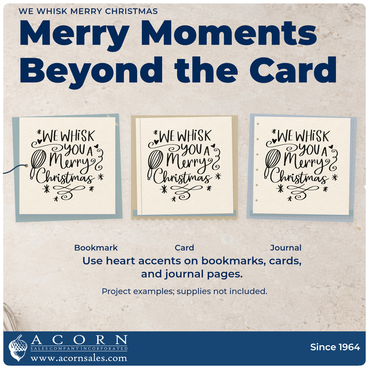Three project examples made with the We Whisk You A Merry Christmas Slim Pre-Inked Stamp, including kitchen gift basket.