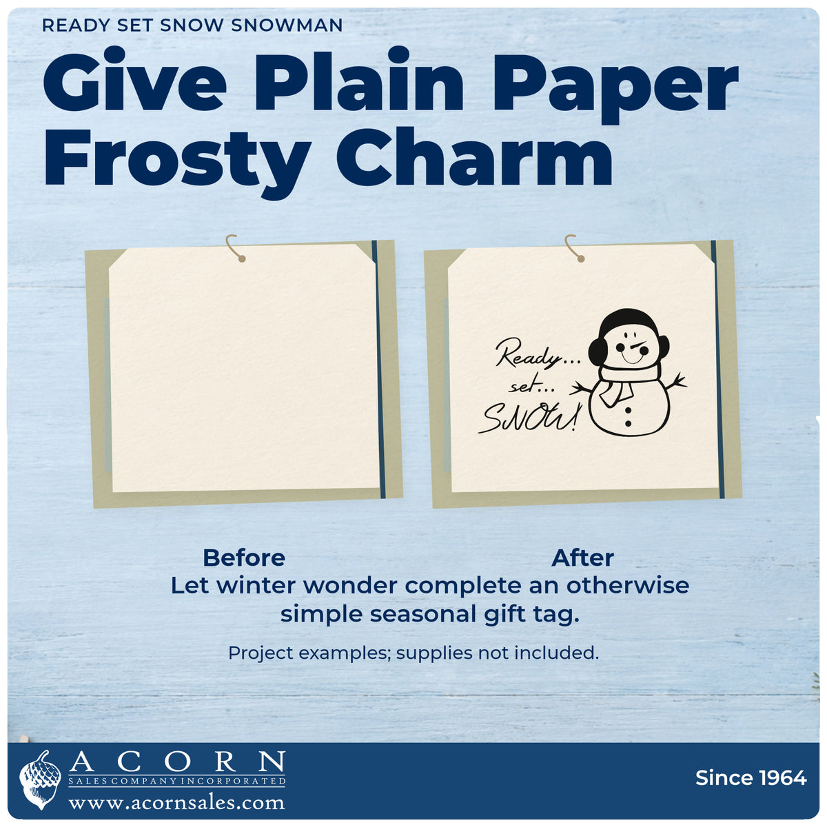 Before and after of a plain item finished with the Ready Set Snow Snowman Pre-Inked Stamp – Slim, a quick upgrade for framed preschool wall.
