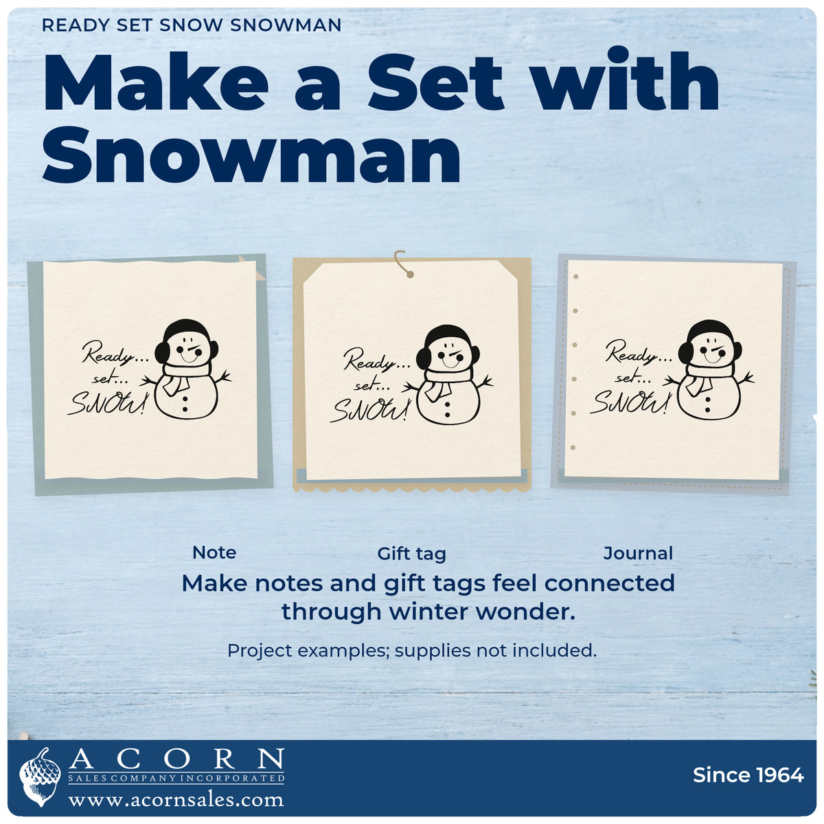 Three project examples made with the Ready Set Snow Snowman Rubber Stamp – Duo Hand, including classroom chart header.