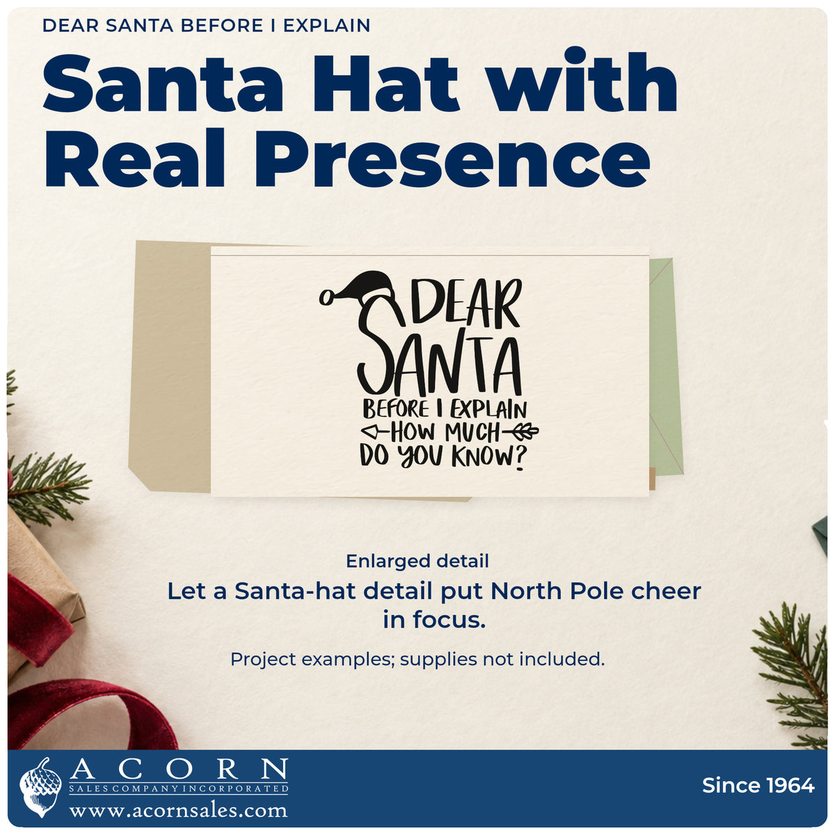 Enlarged detail of the Dear Santa Before I Explain How Much Do You Know? Self-Inking Stamp imprint. “Dear Santa Before I Explain How Much Do You Know?” appears with a Santa hat and arrows.