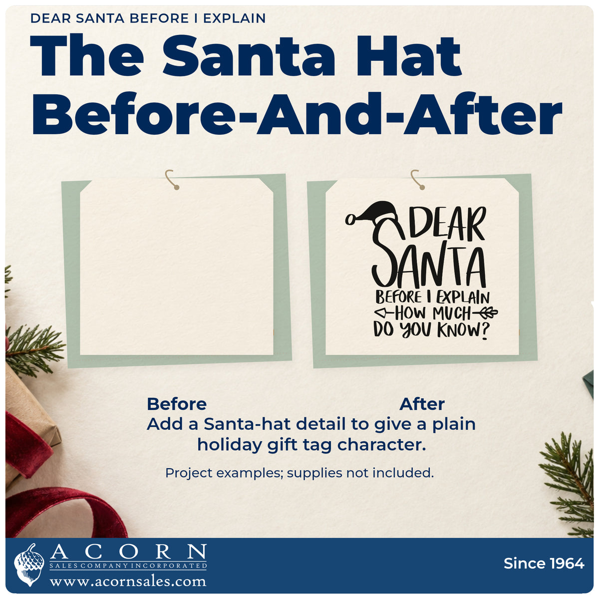Before and after of a plain item finished with the Dear Santa Before I Explain How Much Do You Know? Premium Wooden Stamp – Vintage Pro, a quick upgrade for framed office cubicle.