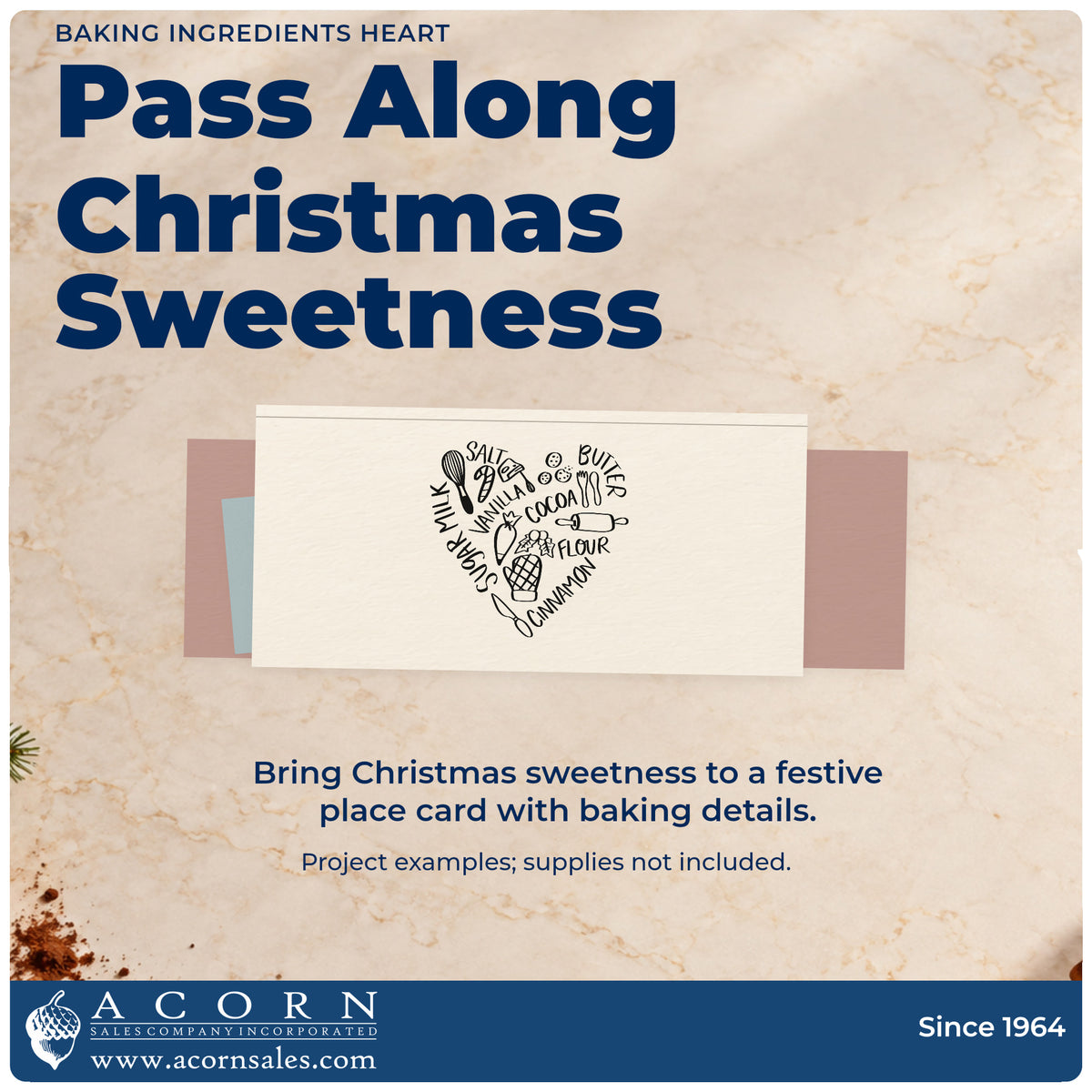 A finished handmade project stamped with the Baking Ingredients Heart Hot Cocoa Stamp – Premium Vintage Pro Wooden, ideal for pantry inventory page.