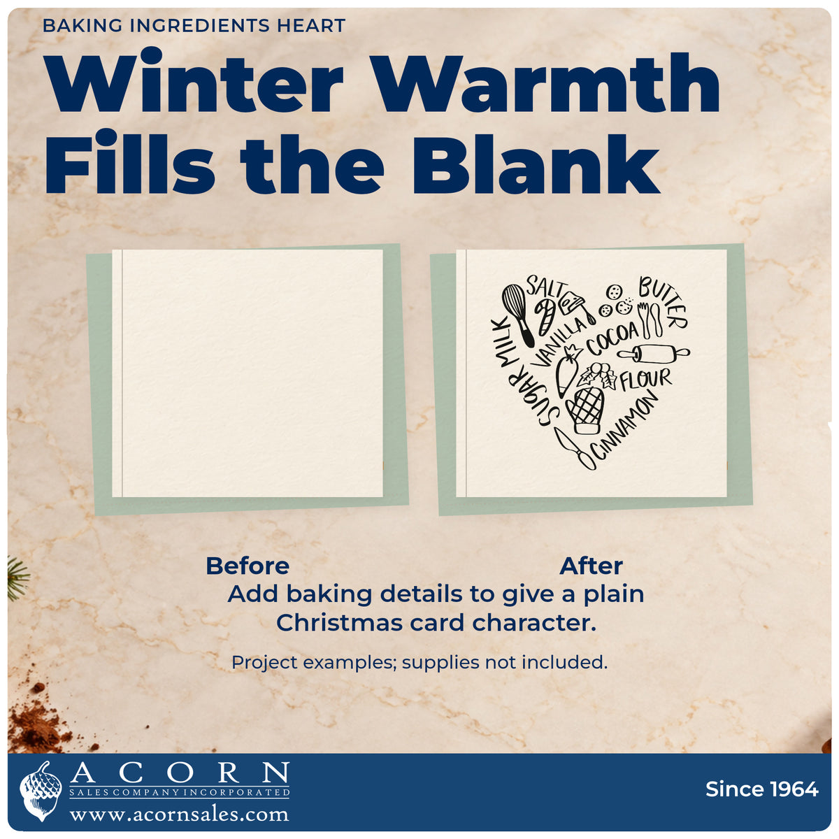 Before and after of a plain item finished with the Baking Ingredients Heart Hot Cocoa Hand Stamp – Duo, a quick upgrade for framed spice shelf.