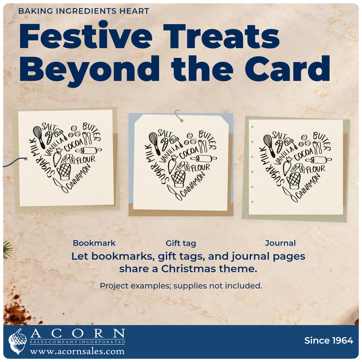 Three project examples made with the Baking Ingredients Heart Hot Cocoa Hand Stamp – Duo, including grocery list notepad.