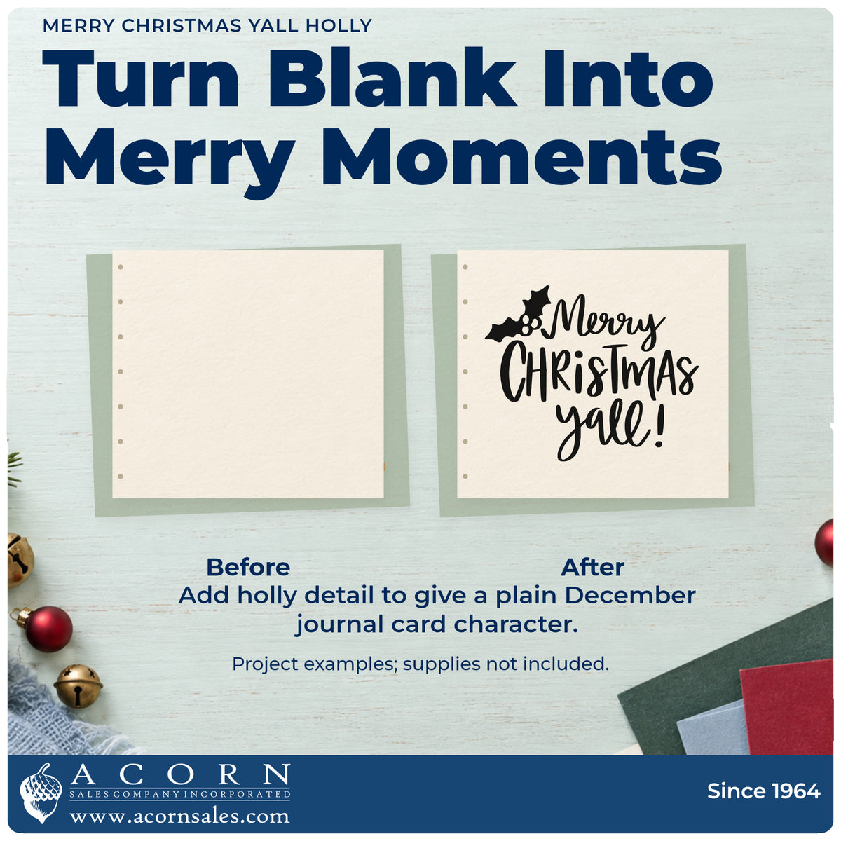 Before and after of a plain item finished with the Holly Merry Christmas Yall Lettering Self-Inking Stamp, a quick upgrade for framed screen porch.