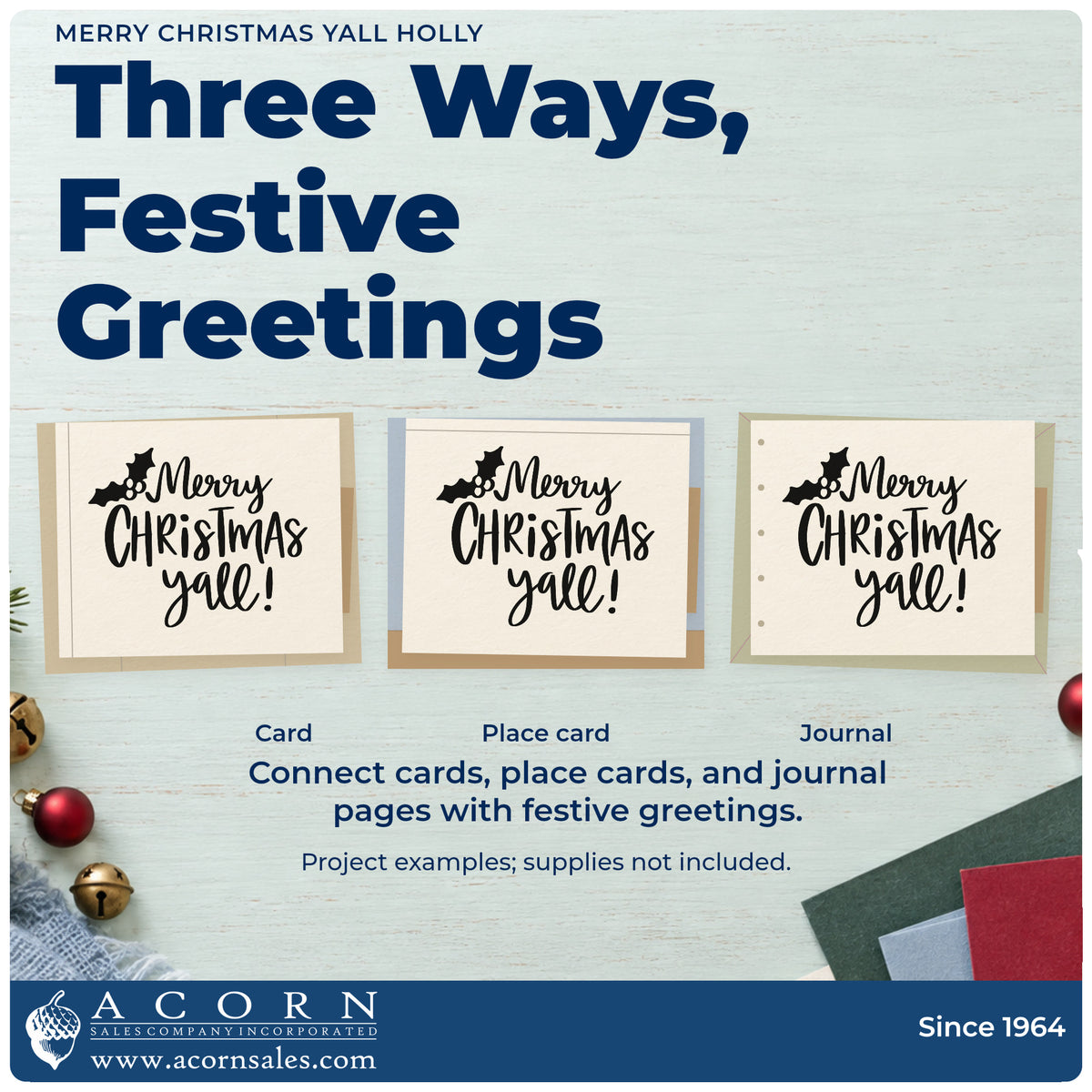 Three project examples made with the Holly Merry Christmas Yall Lettering Self-Inking Stamp, including casserole sign up sheet.