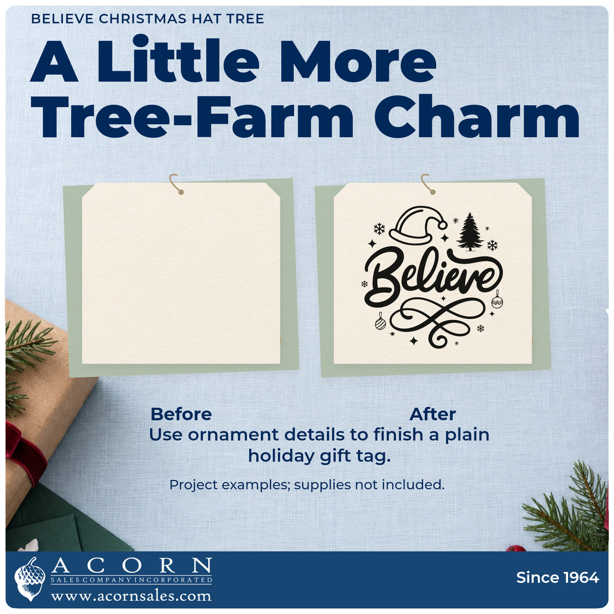 Before and after of a plain item finished with the Pre-Inked Believe Christmas Hat Tree Snowflakes Stamp – PSI, a quick upgrade for framed nursery wall.