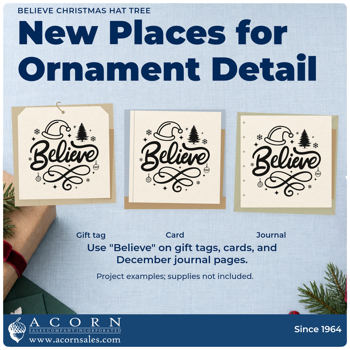 Three project examples made with the Pre-Inked Believe Christmas Hat Tree Snowflakes Stamp – PSI, including letter to santa sheet.