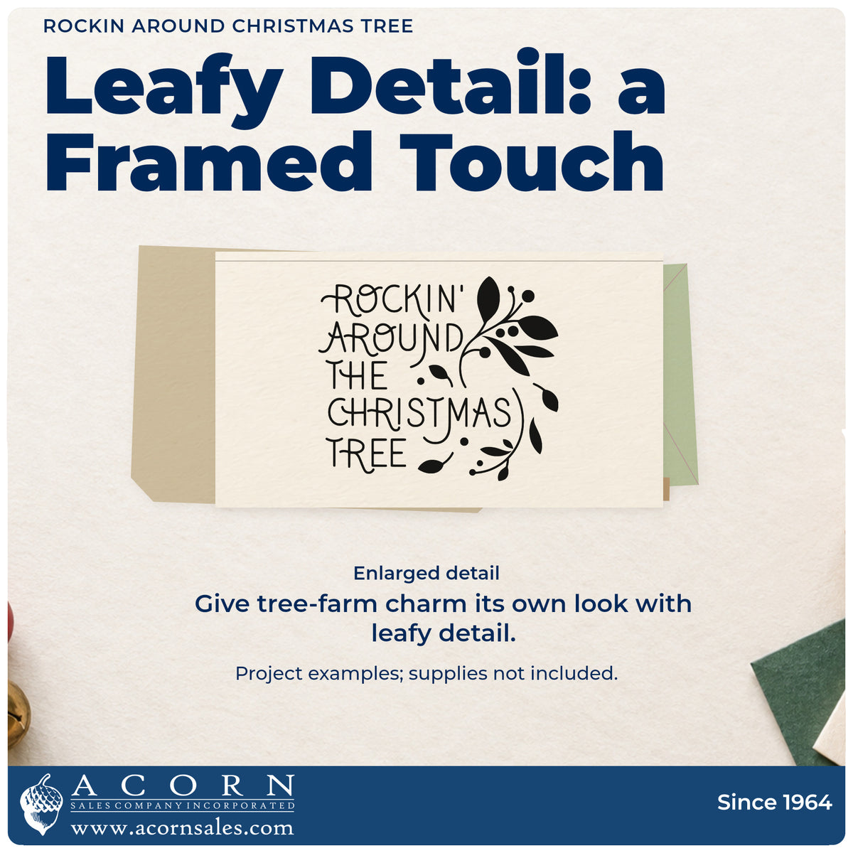 Enlarged detail of the Rockin' Around The Christmas Tree Self-Inking Stamp imprint. “Rockin' Around the Christmas Tree” is framed on the right by leafy sprigs.