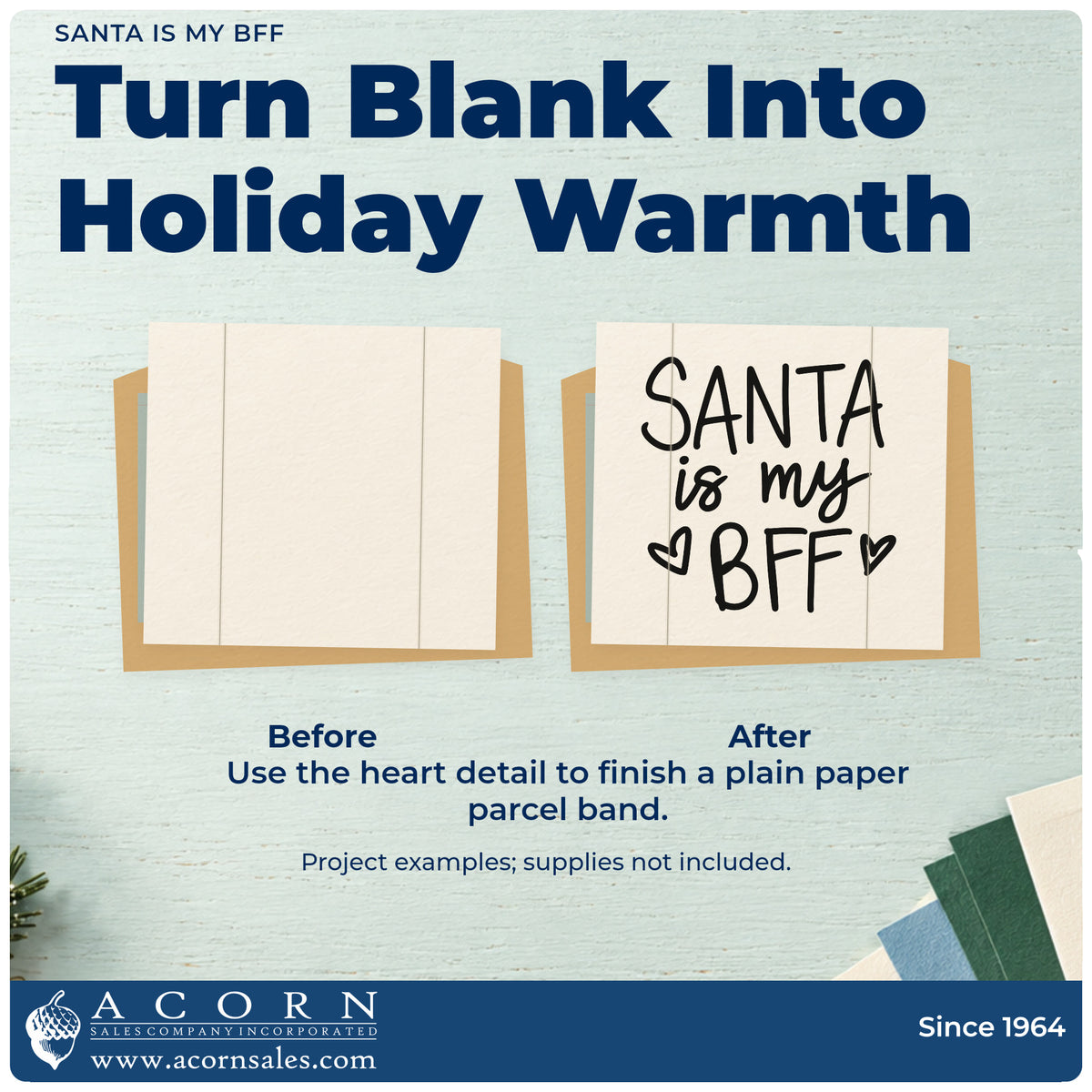 Before and after of a plain item finished with the Santa Is My BFF With Hearts Slim Pre-Inked Stamp, a quick upgrade for framed dorm shelf.