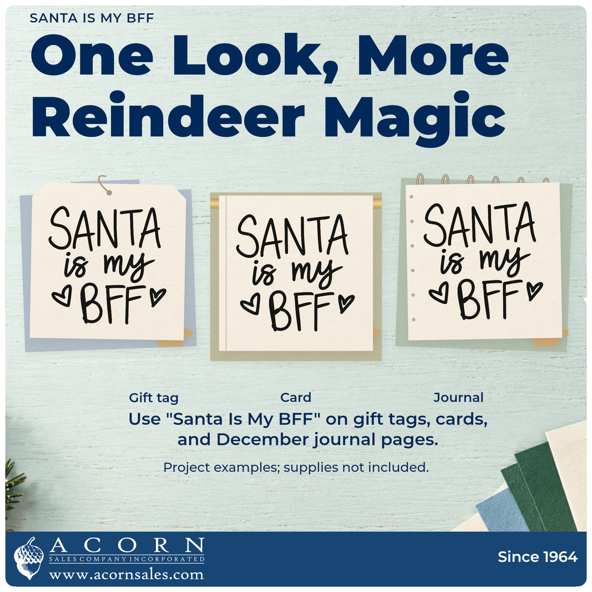 Three project examples made with the Santa Is My BFF With Hearts Rubber Stamp – Wood Handle, including bestie bucket list.
