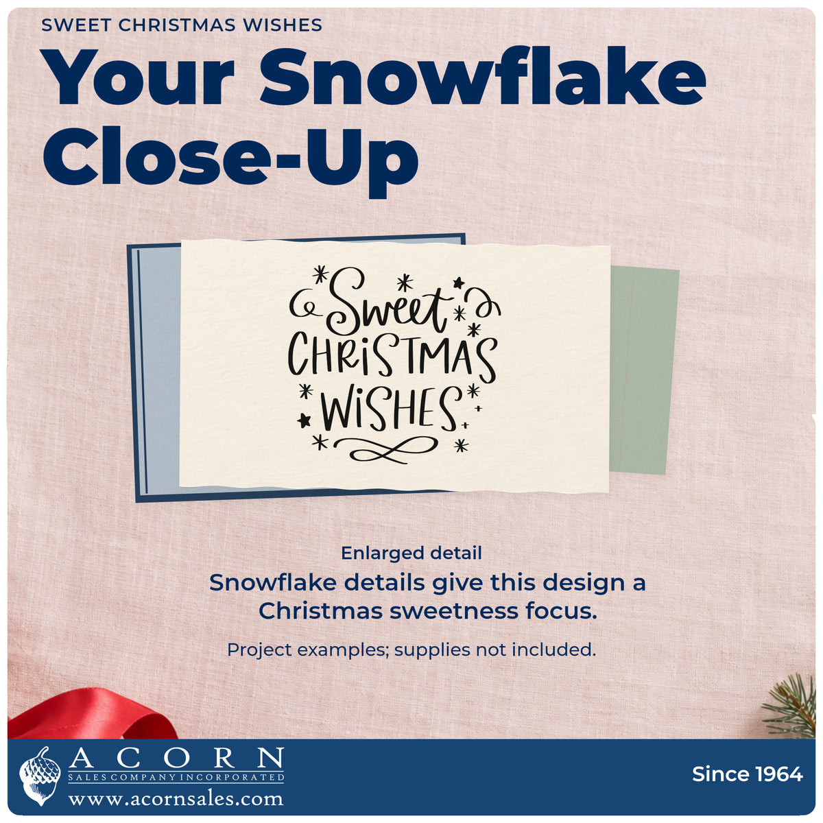 Enlarged detail of the Sweet Christmas Wishes Pre-Inked Stamp – PSI imprint. “Sweet Christmas Wishes” is surrounded by stars, snowflakes, and ornamental curls.
