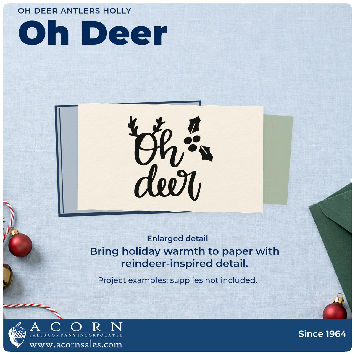 Enlarged detail of the Oh Deer Antlers Holly Hand Stamp – Duo imprint. “Oh Deer” features antlers above the O and a large holly sprig.