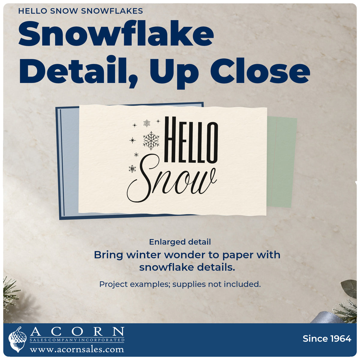Enlarged detail of the Hello Snow Snowflakes Premium Wooden Stamp – Vintage Pro imprint. Bold “Hello” sits above thin script “Snow” beside scattered snowflakes.