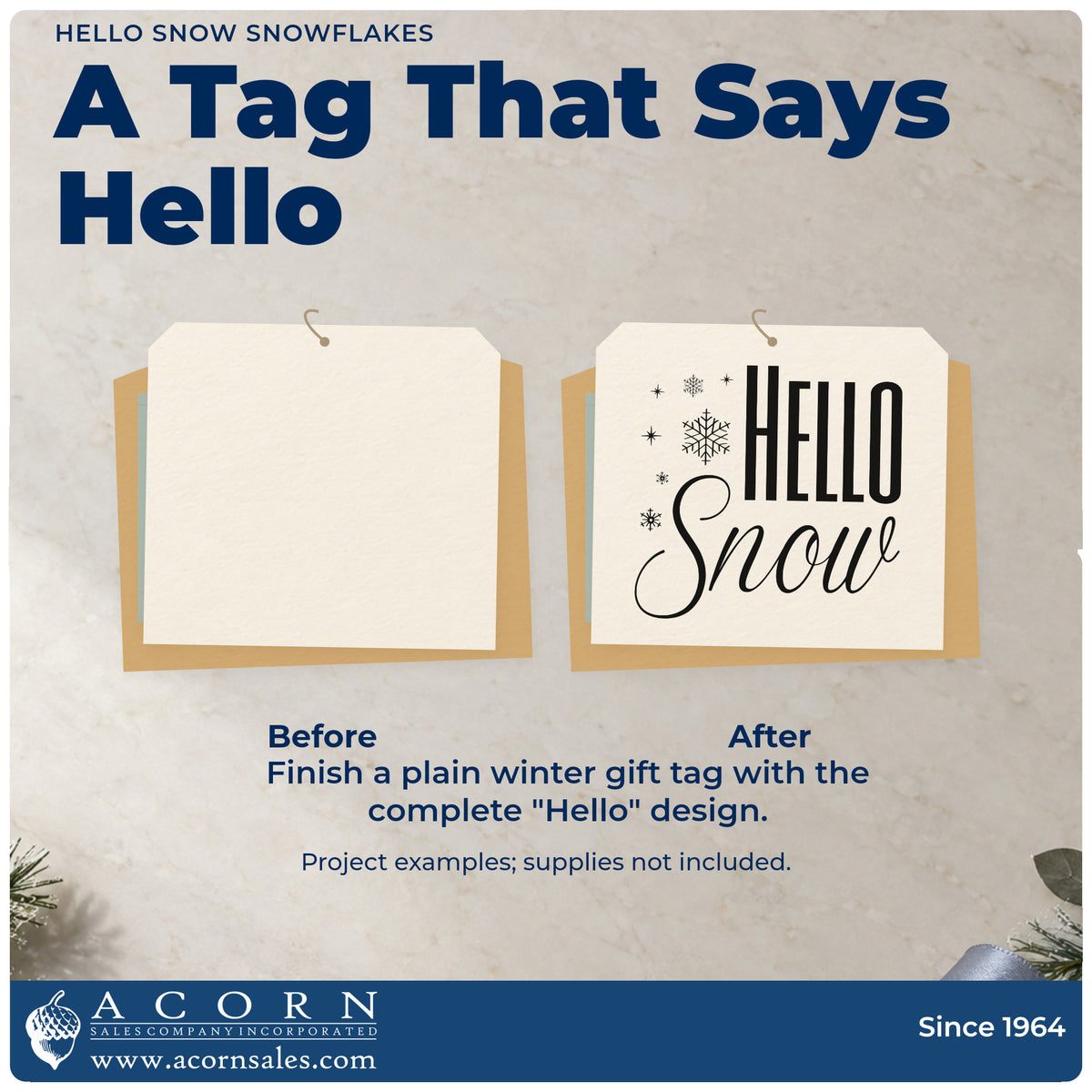 Before and after of a plain item finished with the Hello Snow Snowflakes Pre-Inked Stamp – PSI, a quick upgrade for framed entry ledge.