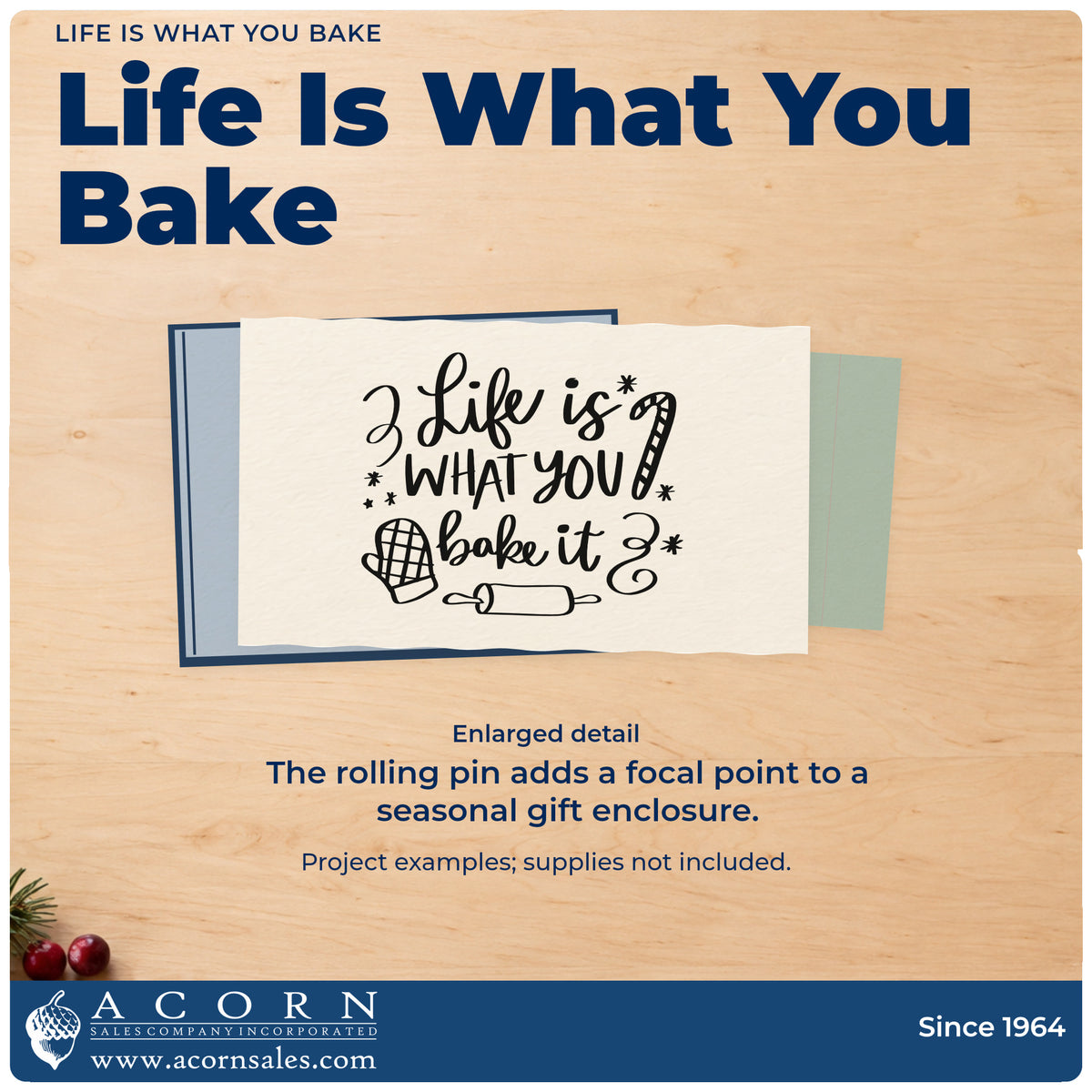 Enlarged detail of the Life Is What You Bake Stamp – Premium Vintage Pro Wooden imprint. “Life Is What You Bake It” features a candy cane, oven mitt, rolling pin, stars, and curls.
