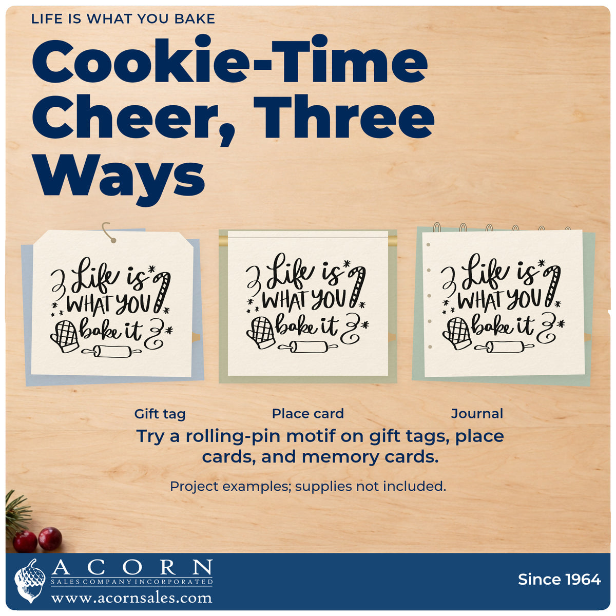 Three project examples made with the Life Is What You Bake Stamp – Premium Vintage Pro Wooden, including lesson plan header.