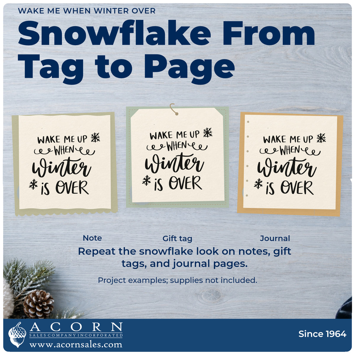 Three project examples made with the Duo Hand Wake Me Up When Winter Is Over Rubber Stamp, including bedtime habit tracker.