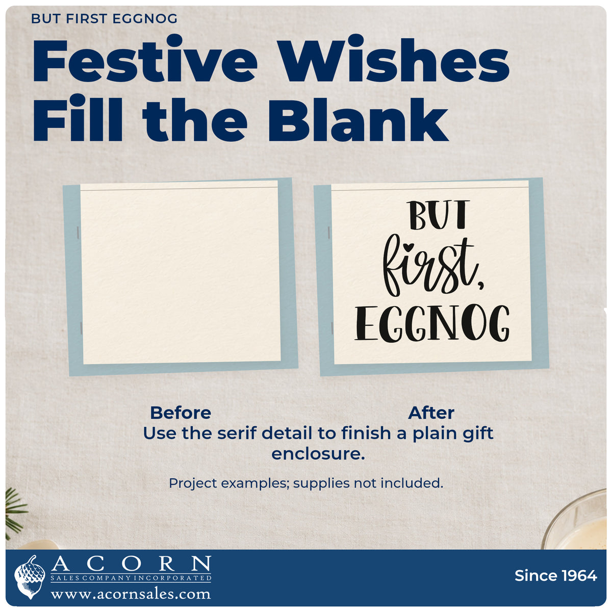 Before and after of a plain item finished with the Premium Wooden But First, Eggnog Serif Lettering Stamp – Vintage Pro, a quick upgrade for framed serving nook.