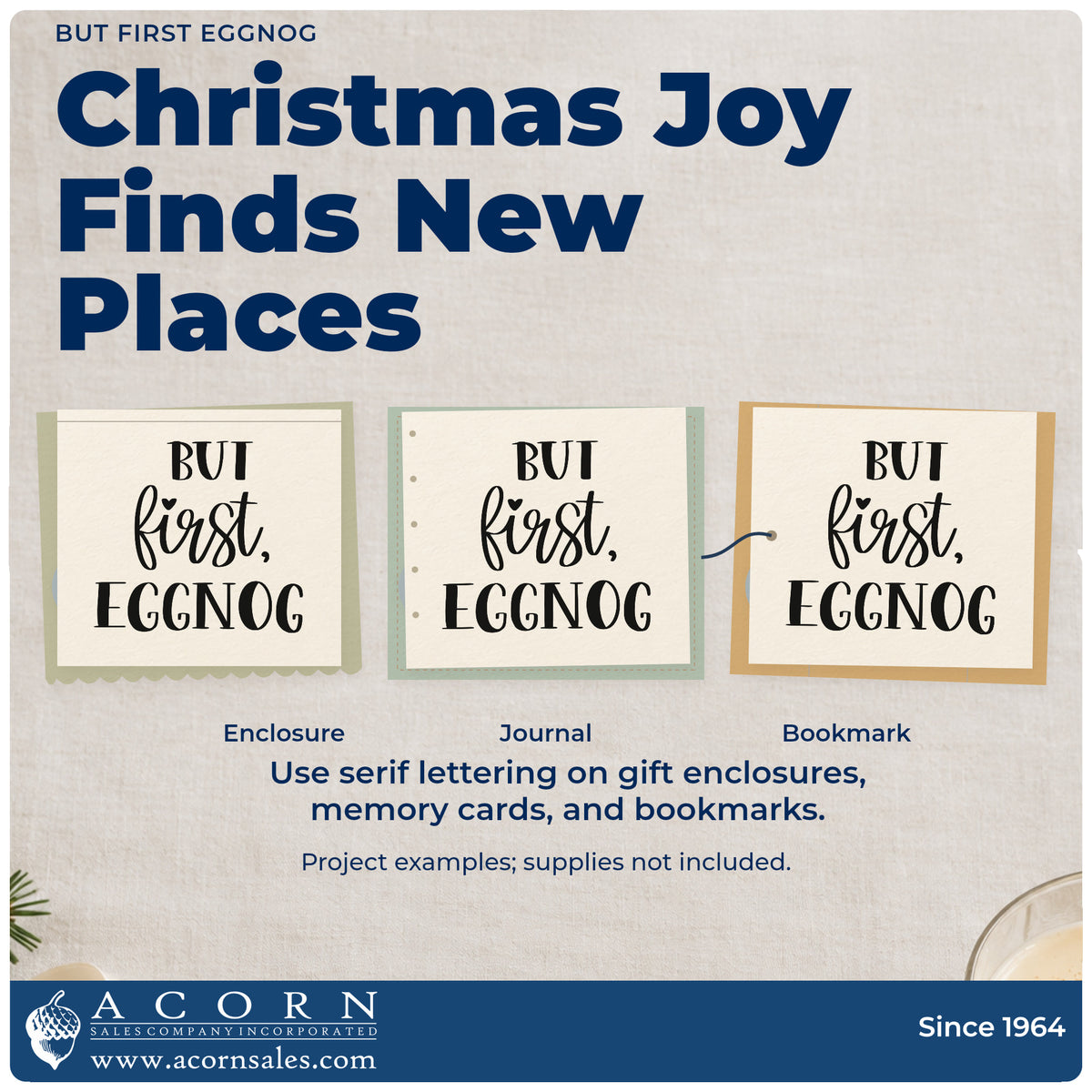 Three project examples made with the But First, Eggnog Serif Lettering Stamp – Self-Inking, including drink recipe cards.