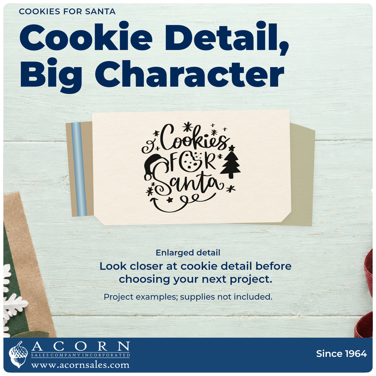 Enlarged detail of the Vintage Pro Cookies For Santa Premium Wooden Stamp imprint. “Cookies for Santa” features a cookie, Santa hat, tree, stars, and curls.