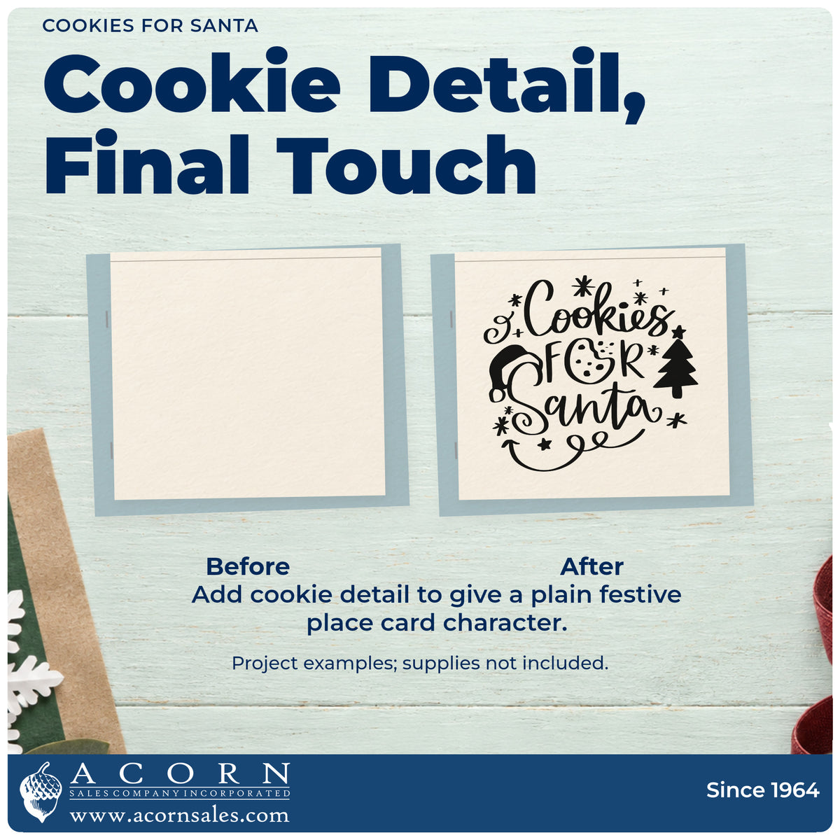 Before and after of a plain item finished with the Vintage Pro Cookies For Santa Premium Wooden Stamp, a quick upgrade for framed mantel art.
