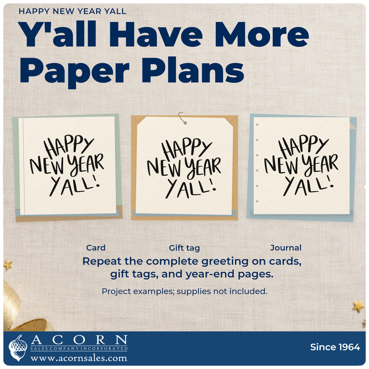 Three project examples made with the Happy New Year Yall Block Lettering Premium Wooden Stamp – Vintage Pro, including resolution list sheet.