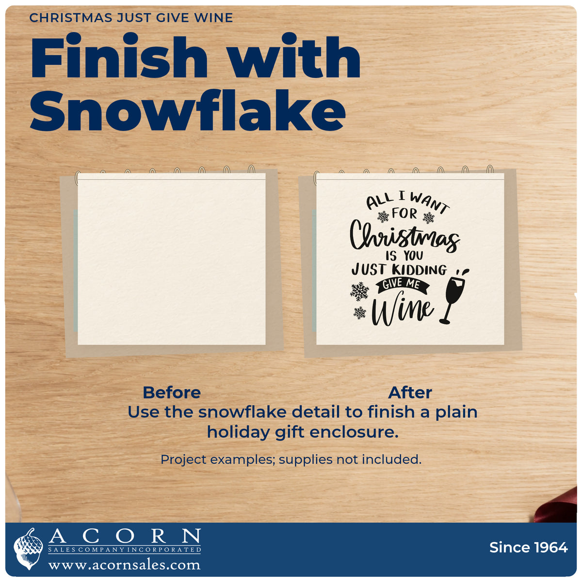 Before and after of a plain item finished with the All I Want For Christmas Is You Just Kidding Give Me Wine Self-Inking Craft Stamp, a quick upgrade for framed wine wall.