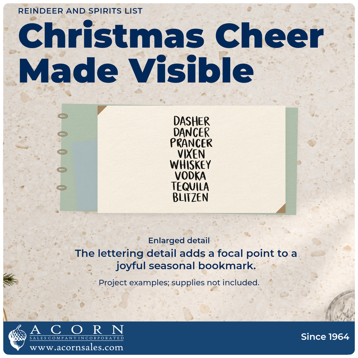 Enlarged detail of the Reindeer And Spirits List Self-Inking Stamp imprint. Stacked text lists “Dasher Dancer Prancer Vixen Whiskey Vodka Tequila Blitzen.”