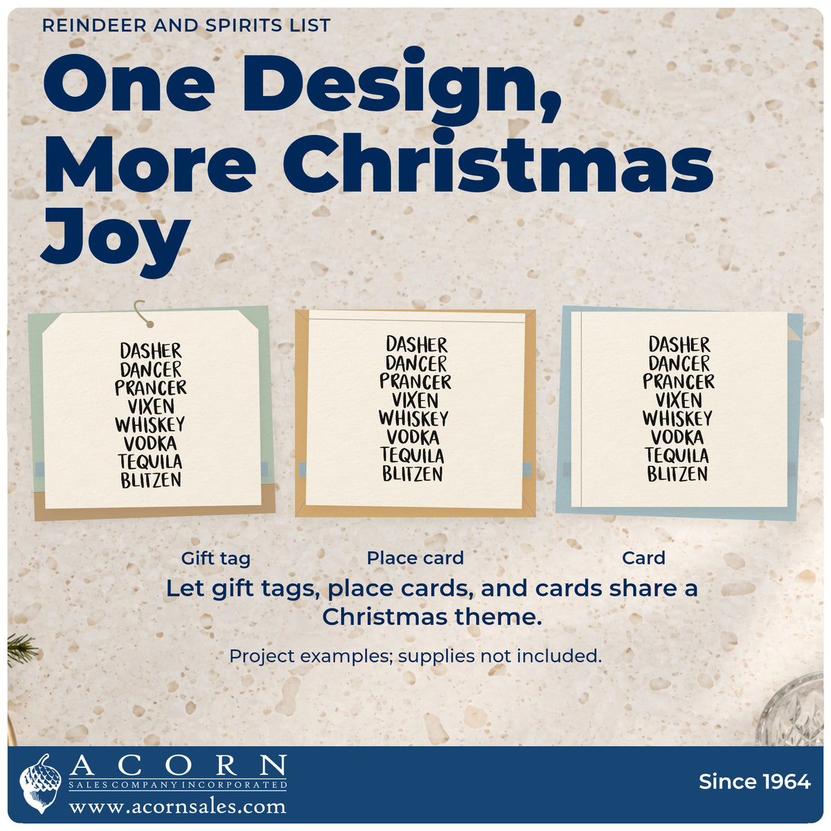 Three project examples made with the Reindeer And Spirits List Self-Inking Stamp, including shot list score card.