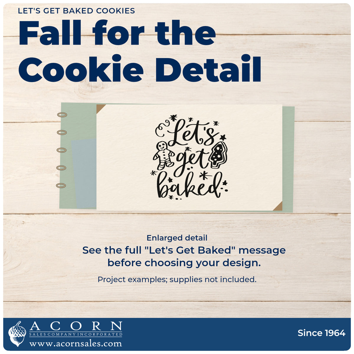 Enlarged detail of the Let's Get Baked Cookies Pre-Inked Stamp – PSI imprint. “Let's Get Baked” features gingerbread cookies, stars, and curls.