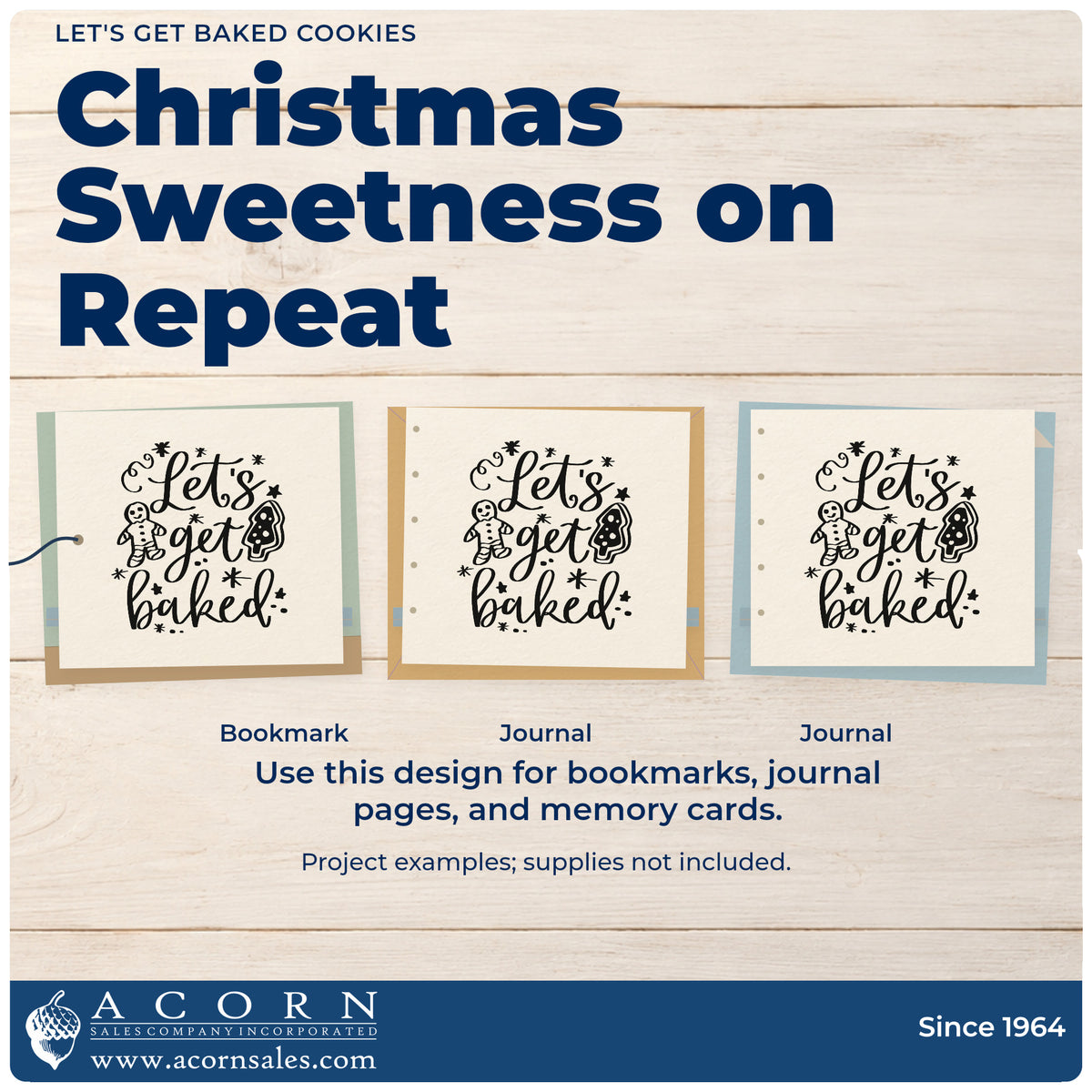 Three project examples made with the Let's Get Baked Cookies Premium Wood-Mounted Stamp – Vintage Pro, including icing recipe sheet.