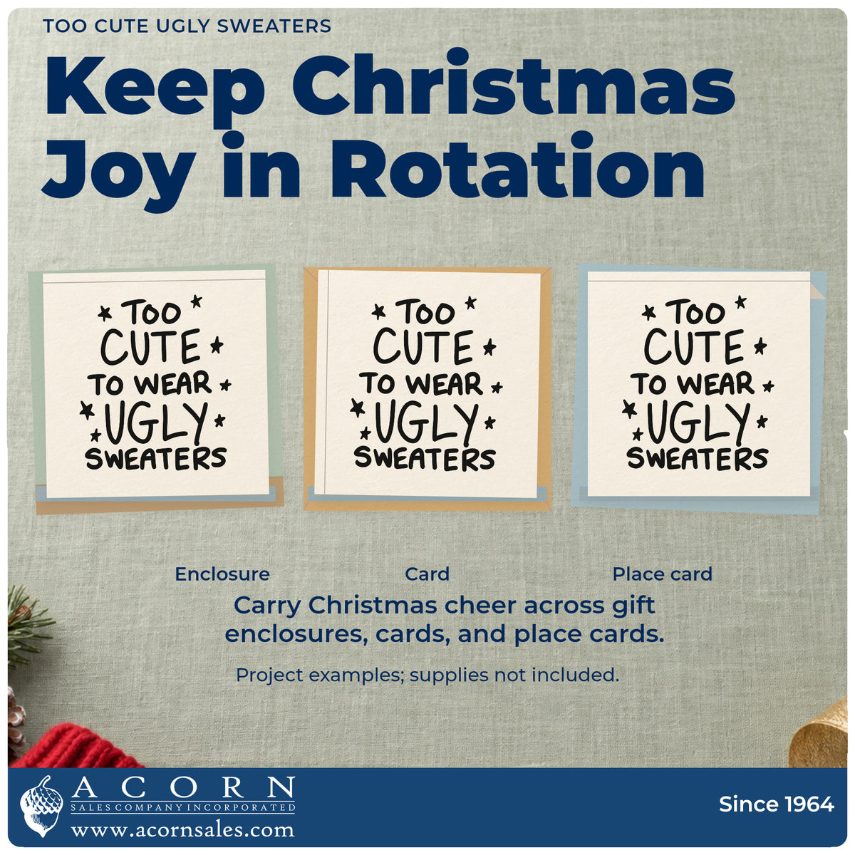 Three project examples made with the Premium Wooden Too Cute Ugly Sweaters Stamp – Vintage Pro, including wardrobe plan sheet.